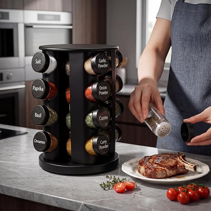 Yungyan Black Rotating Spice Rack Seasoning Organizer with 16 Empty Jars, Spice Containers Set with Labels and Funnel, Revolving Seasoning Rack for Kitchen Accessories