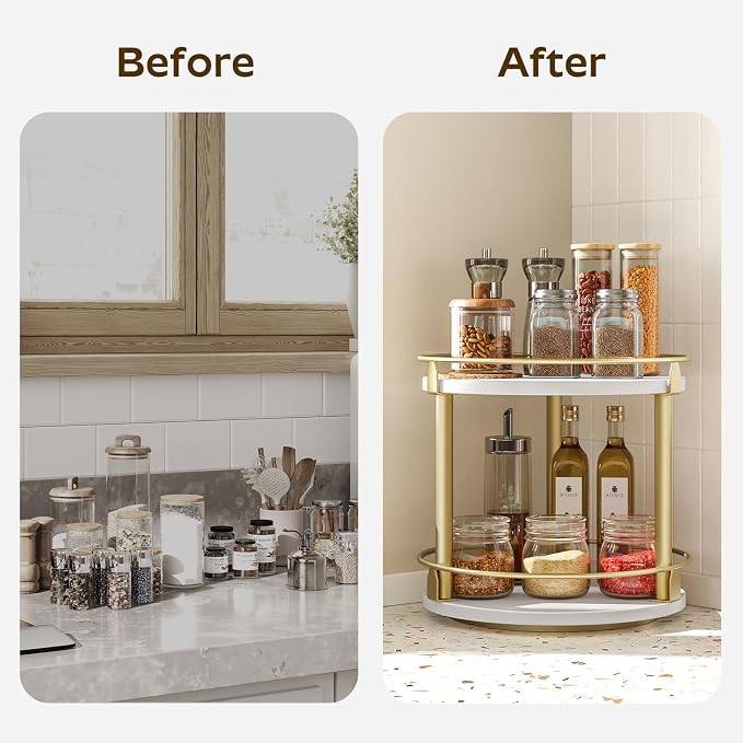 YATINEY Lazy Susan Organizer, Rotating Spice Rack, 2 Tier Spice Turntable Organizer, Industrial Turntable Spice Holder, for Kitchen Countertop and Cabinet, Compact and Versatile, White and Gold SR22DW