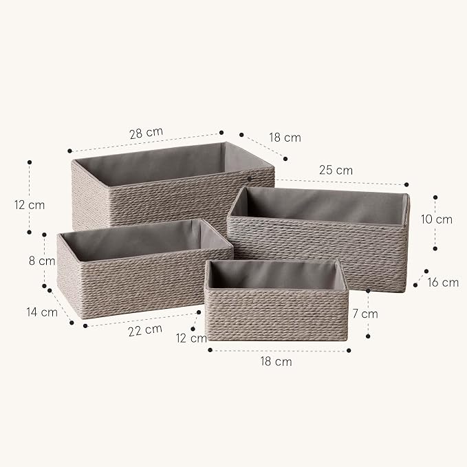 LA JOLIE MUSE Bathroom Basket Organizers, Paper Rope Storage, Grey 4 Pack | Stackable, Sturdy Lined Woven Basket, Organizer for Toilet Paper, Laundry Room Essentials, Shelves and Nightstand Drawers