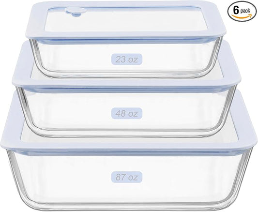 Glass Food Container Set with Silicone Glass Lid, 3 Pack, Airtight, LeakProof, 100% Plastic Free, Meal Prep Food Storage Containers
