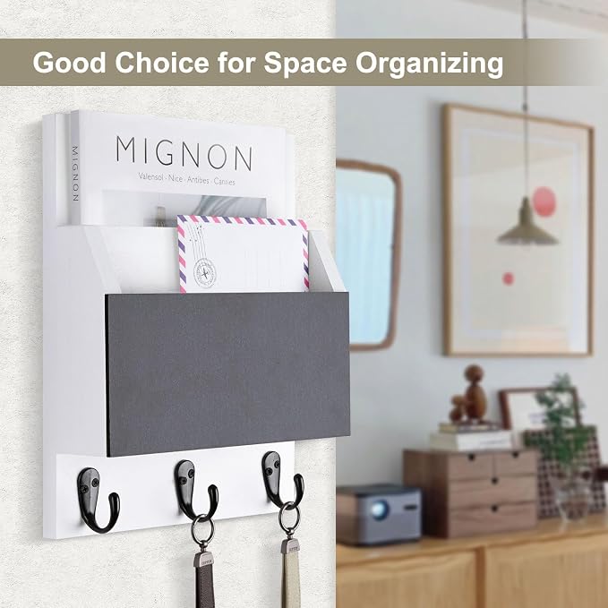 Key and Mail Holder for Wall Mount, Entryway Mail Holder with 2 Slot, Key Holder with 3 Sturdy Hooks for Coat, Dog Leash, Decorative Key Rack (8.86”W x 11.42”H x 3”D) (White)
