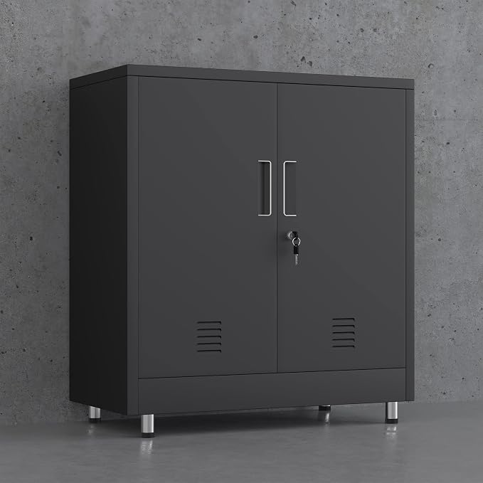 JINGUR Metal Storage Cabinet with Locking Doors and Adjustable Shelf, Small Lockable Sideboard Buffet Cabinet for Home Office Hallway Entryway Living Dining Room (Black)