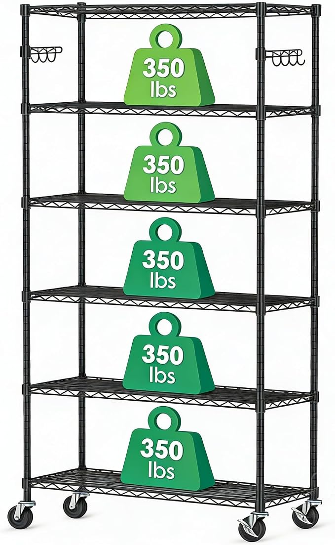6 Tier Wire Metal Shelving Rack Garage Storage Rolling Shelves with Wheels | Heavy Duty Adjustable Industrial Shelves Unit Utility Sturdy Shelving for Kitchen Garage Pantry Bathroom Laundry