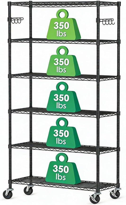 6 Tier Wire Metal Shelving Rack Garage Storage Rolling Shelves with Wheels | Heavy Duty Adjustable Industrial Shelves Unit Utility Sturdy Shelving for Kitchen Garage Pantry Bathroom Laundry