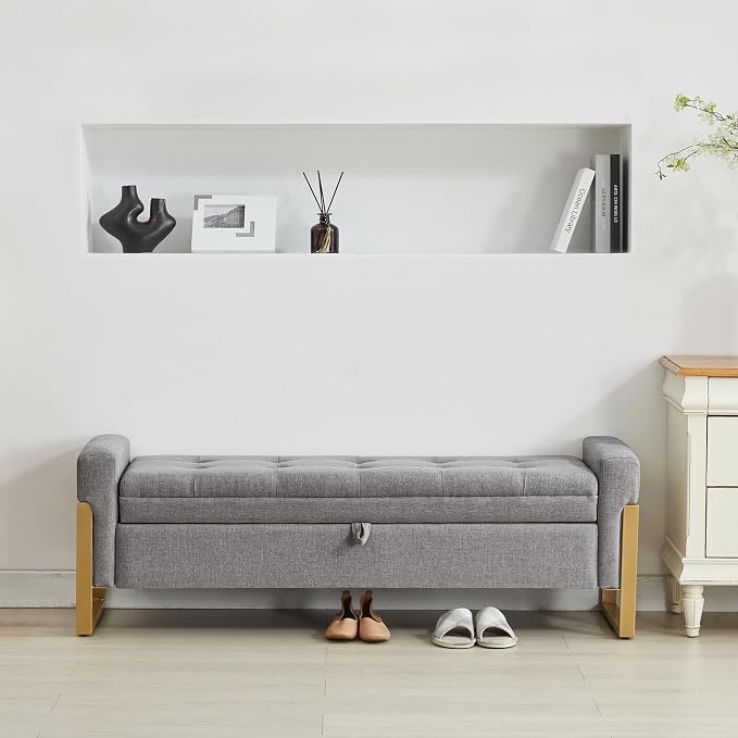 adochr 57" Storage Ottoman Bench, Upholstered End of Bed Bench, Light Grey | Metal Legs & Button-Tufted, Linen Ottoman with Storage 500 lb Capacity for Living Room, Bedroom, Entryway