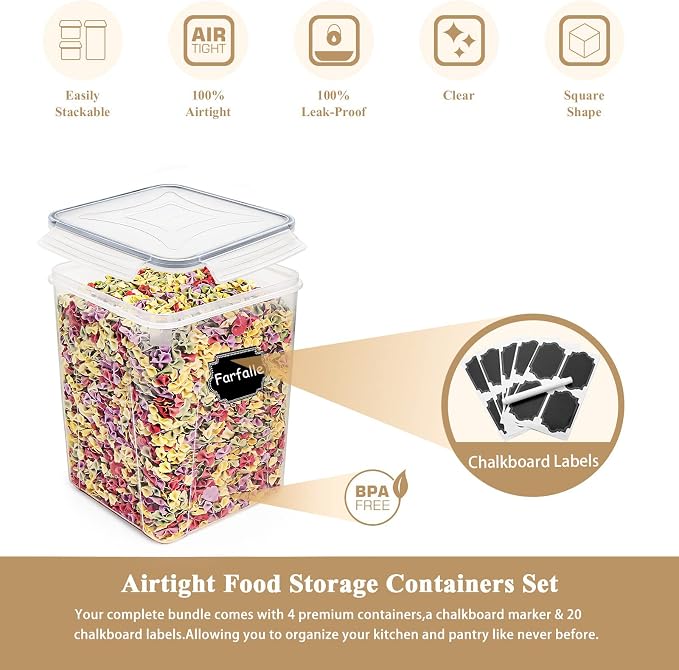 Wildone Flour Storage Containers 5.2L, 4 PCS Food Storage Containers, Gray | For Bulk Flour and Sugar Storage, Airtight Seal, BPA Free, Food Grade Material, 20 Labels Included