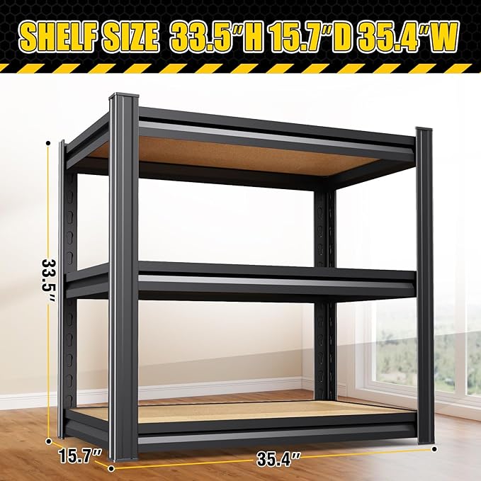 3 Pack Garage Shelving Heavy Duty Storage Shelves, Metal Adjustable Shelving Unit, Utility Garage Organizer Shelf for Basement, Pantry, Kitchen, Warehouse, 33.5" Hx35.4 Wx15.7 D, Black