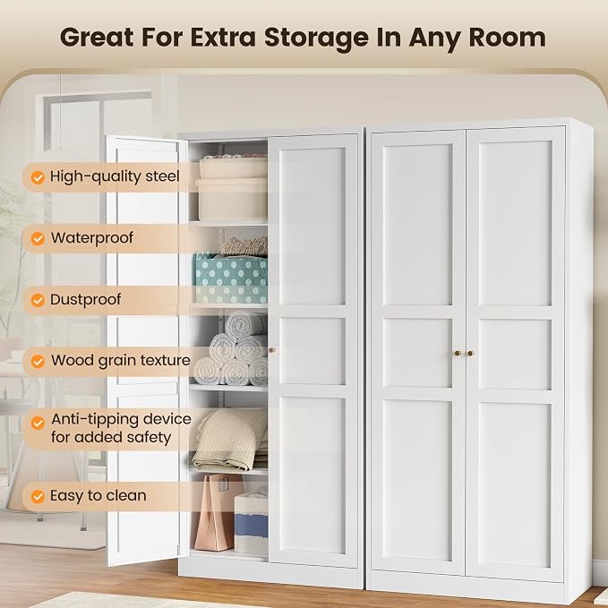 Yizosh Metal Storage Cabinet - 71" White Kitchen Pantry with 2 Doors and 5 Adjustable Shelves, 5-Tier Tall Steel Locker for Living Room, Dining Room