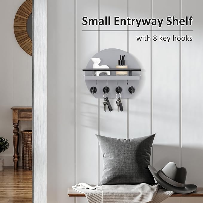 Nekon Key Holder for Wall - 9.8 Inch Apartment Wall Decor with Shelf and 8 Key Hooks, Circular Wood Key Hanger for Home Decor (Gray)