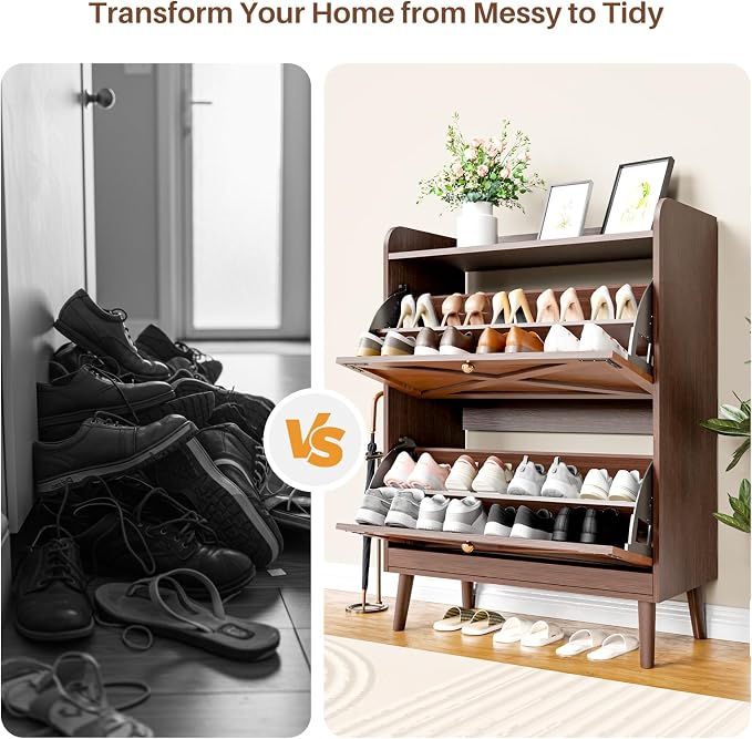 YZ HOME Shoe Storage Cabinet with 2 Flip Drawers | Entryway Shoe Cabinet, Metal Hooks & Adjustable Shelves, Freestanding Narrow Shoe Rack for Hallway Foyer, Brown