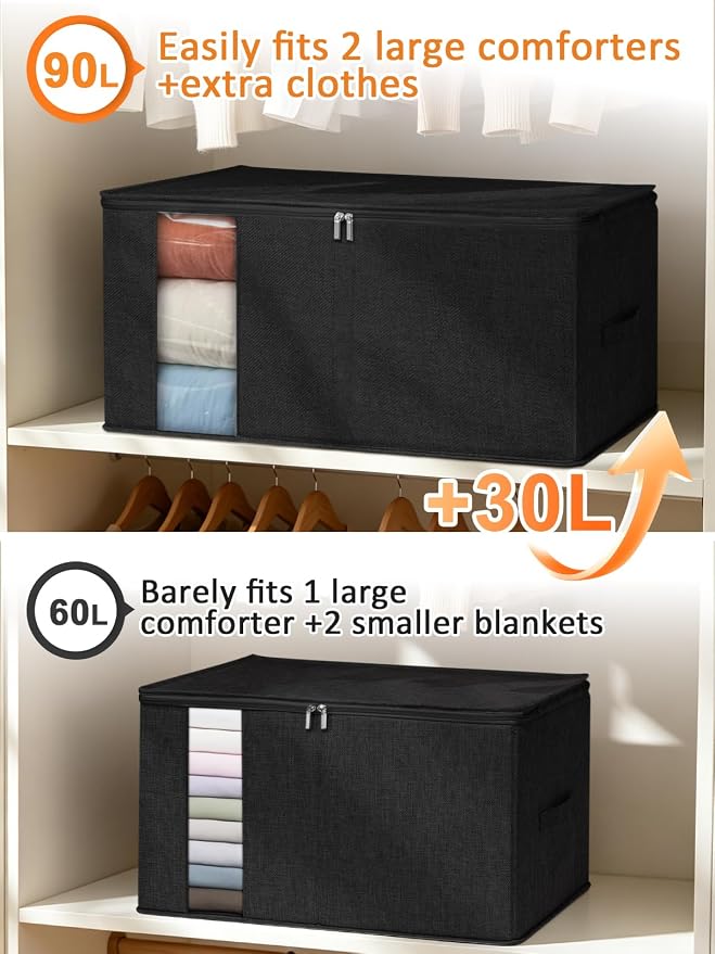 punemi 90L Structured King Size Comforter Storage Bags, 2 Pack, Black | Clear Window & Reinforced Handles, Comforter & Bedding Organizer, for Quilts, Duvets, Pillows & Seasonal Clothes