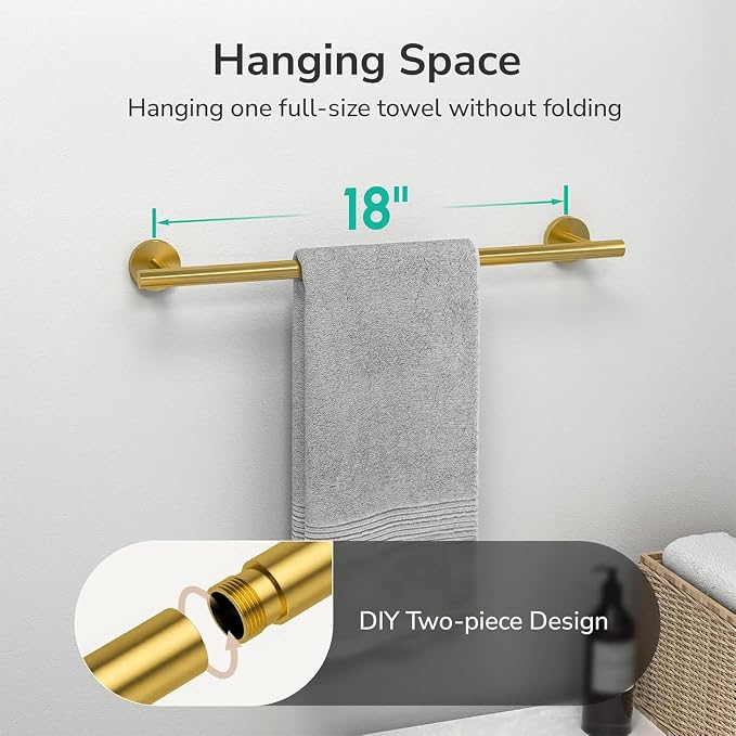 USHOWER Brass Gold Towel Bar, 18-Inch Towel Racks for Bathroom | Thicken SUS304 Stainless Steel Towel Rod, Towel Holder Wall-Mounted, Modern Home Decor (Total Length 20-Inch)