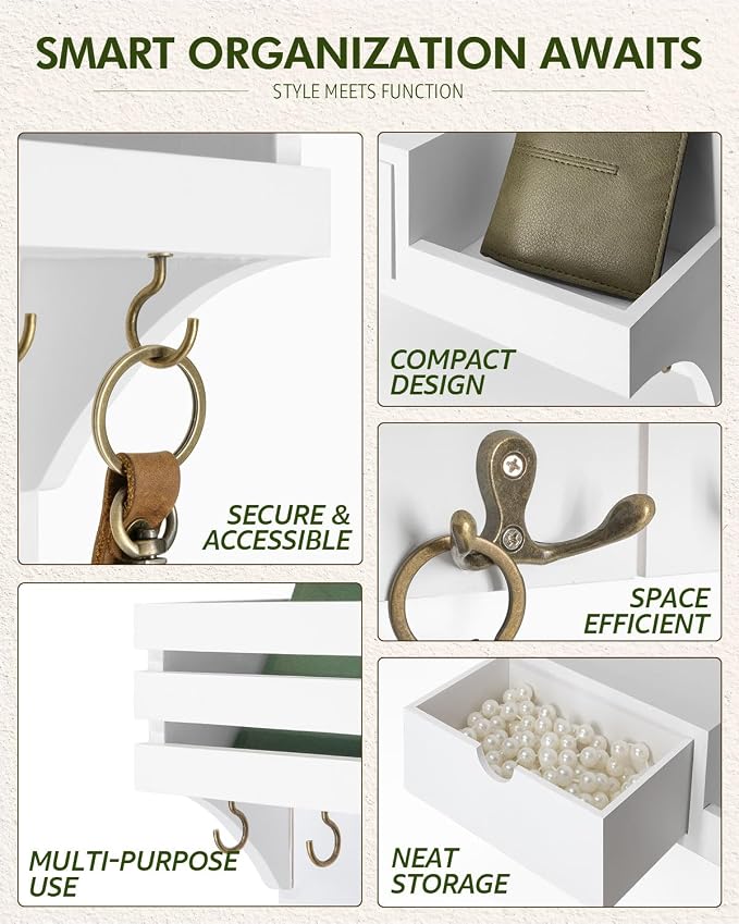 Rebee Vision Key Holder Wall Mount with Drawer & Shelf for Entryway, White | Sturdy Wood, Key Holder for Wall, 9 Sturdy Key Hooks, Wall Shelf, Drawer Organizer, Modern Home Decor, Decorative Storage