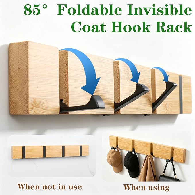 Wall Mounted Coat Rack, Heavy Duty Folding Coat Hooks Wood Retractable Wall Hooks for Hanging Purse Clothes Keys, Towel Hooks Rack for Bathroom Wall Coat Hanger for Entryway (4 Hooks,Nature)