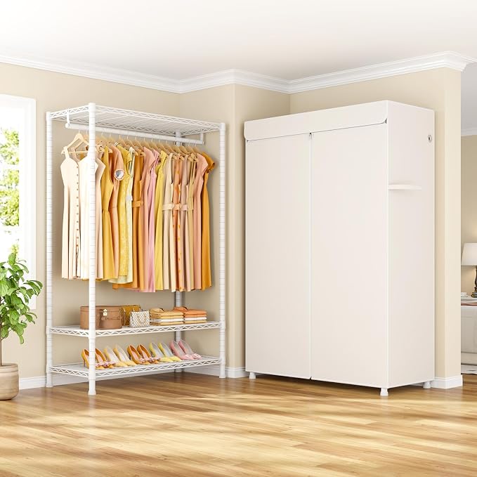 H5C Plus Clothes Rack with Cover, Covered Clothing Rack Heavy Duty | Garment Rack with Shelves, 3-Tier Portable Closets for Hanging Clothes, Max Load 370LBS, White Closet Racks with White Cover