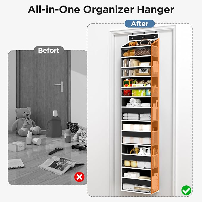 Mefirt Over The Door Organizer, 7 Tier Door Hanging Organizers with 7 Large Pockets 12 Side Pockets, Behind Door Storage Hanging Shelves for Closet Bathroom Bedroom Nursery