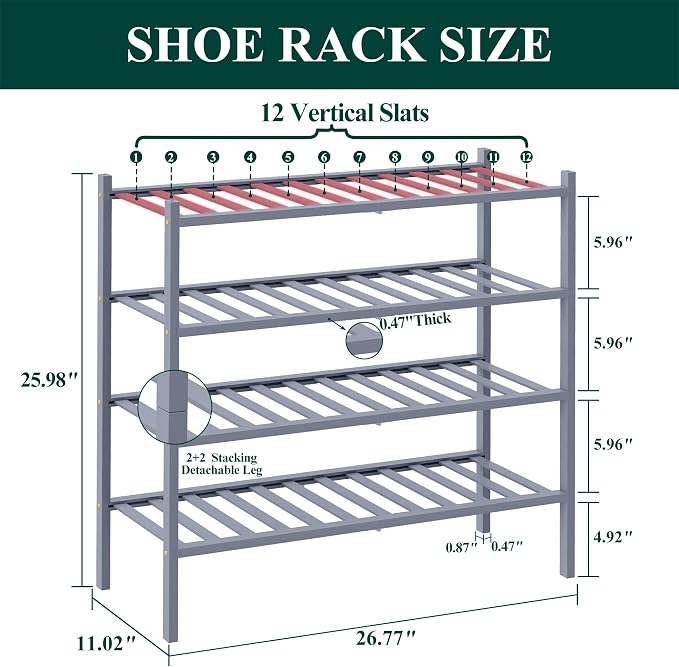 Smiry Bamboo Shoe Rack, 12 Vertical Slats, 4 Tier - 26.8" Wide, Grey | Stackable Free Standing Wooden Shoe Organizer, Wood Shoe Storage Shelf for Closet, Entryway