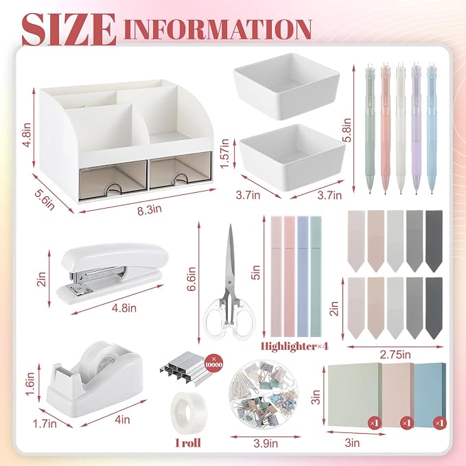 Kosiz Morandi Office Supplies Aesthetic Desk Organizer Pink Desk Accessories Gift for Pen Holder Stapler Binder Sticky Notes Paper Clips Scissor Staples Aesthetic for Women Men Students