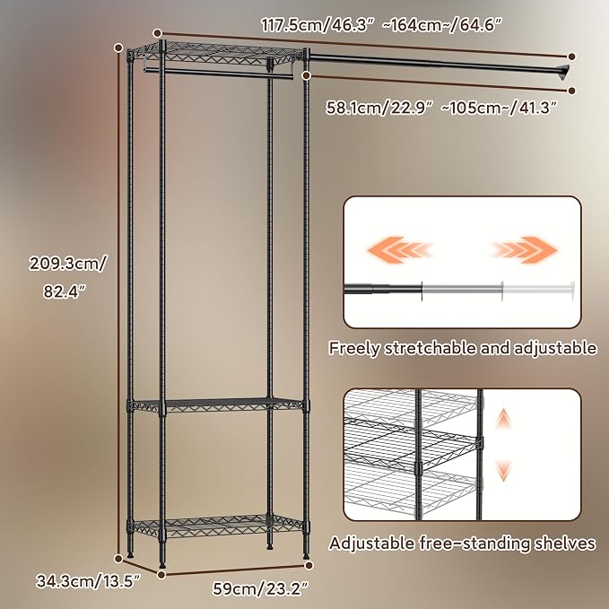 MZG Closet Organizer System, Freestanding Closet Storage System with Expandable Hanging Rod & Wire Shelves, No-Drill Closet Kit for Small Spaces, Bedroom & Apartment (13.8"D x 63.3"W x 82.4"H)
