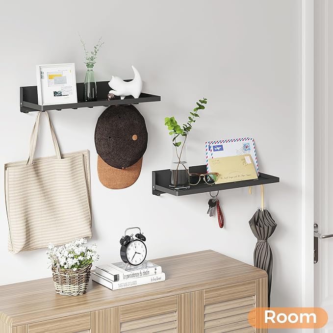 Folding Shelf with Hooks Wall Mount, Laundry Room Metal Shelves, Fold Up 90° and 8 Hooks, Foldable Storage Wall Shelf for Rv, Utility Room, Garage, Space Saving, Black（17.0", 2 Pack）