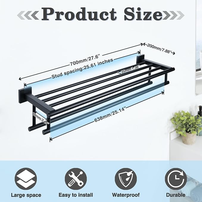 Alise Towel Rack for Bathroom Wall Mount,Double Towel Bars for Bathroom,28 Inch Bathroom Towel Holder Double Towel Bars with Shelf,SUS304 Stainless Steel Towel Hanger for Bathroom Walls,Matte Black | Bathroom Tower Holder Towel Shelf with Double Towel ...