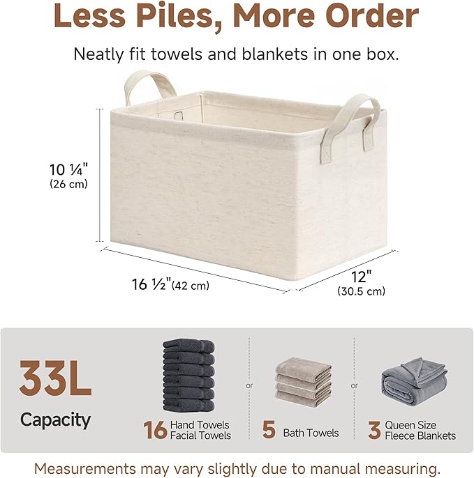 StorageWorks Storage Bins, Shelves Baskets for Organizing, Large Fabric Closet Organizers with Handles, Metal Frame, Beige-Cotton-linen, 2-Pack