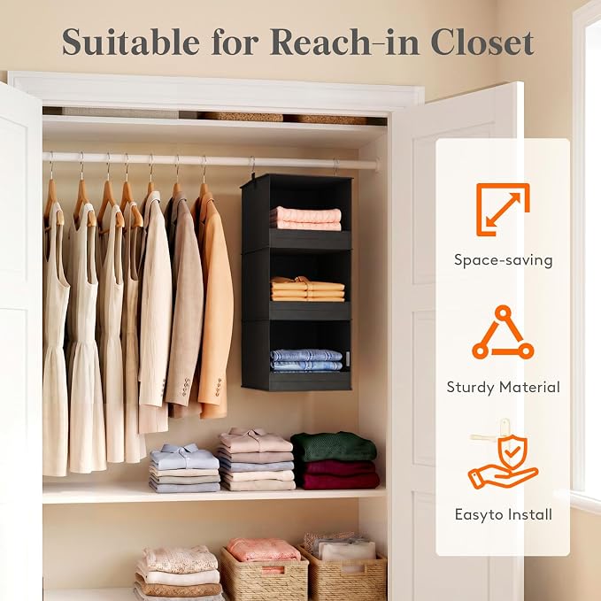 Lifewit 3 Tier Hanging Clothes Storage Organizer for RV, 1 Pack, Black | Front Anti-Slip Closet Storage Hanger with 2 Sturdy Hooks, Vertical Foldable Sweater Organization for Shelf, Wardrobe, Dorm
