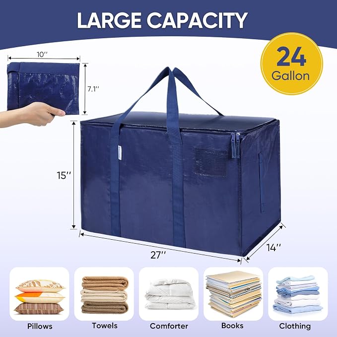 TICONN 6 Pack Extra Large Moving Bags Heavy Duty with Zippers & Carrying Handles, Durable Storage Bags Moving Boxes for Closet Organizers and Storage (6 Pack, Navy)