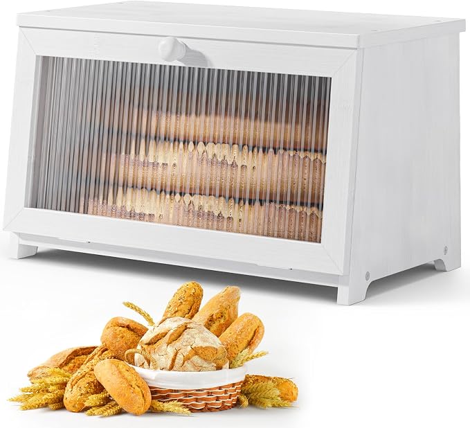 Kitsure Wooden Bread Box for Kitchen Countertop, 1-Tier, White | Large Capacity Kitchen Countertop Organizer, Stylish Bread Storage with Window, Multi-functional Container