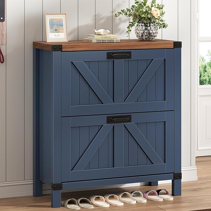 Fluted Shoe Cabinet Storage with 2 Flip Drawers for Entryway, Hallway | Narrow Shoe Rack Freestanding Shoe Organizer with Legs for Entryway，Hallway, Blue