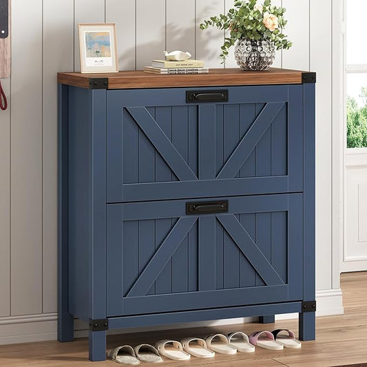 Fluted Shoe Cabinet Storage with 2 Flip Drawers for Entryway, Hallway | Narrow Shoe Rack Freestanding Shoe Organizer with Legs for Entryway，Hallway, Blue