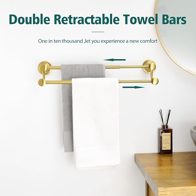 Hoimpro Double Towel Bar Towel Rack for Bathroom Wall Mounted Brushed Gold | Adjustable 16-26 In,Wall Mounted Towel Holder, Stainless Steel, Rustproof, Towel Rod Hanger Hardware Accessories Hotel