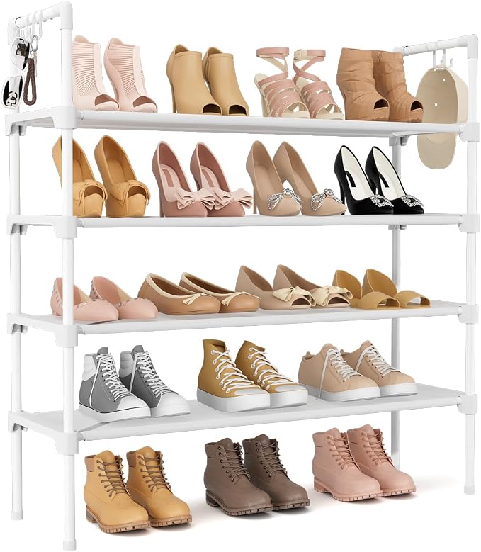 LANTEFUL 4 Tier Shoe Rack for Closet Shoe Organizer with 5 Hooks, Long Shoe Shelf Storage for Shoe and Boot Stackable Free Standing Shoe Rack for Entryway, Garage, Small Spaces, Dorm, White