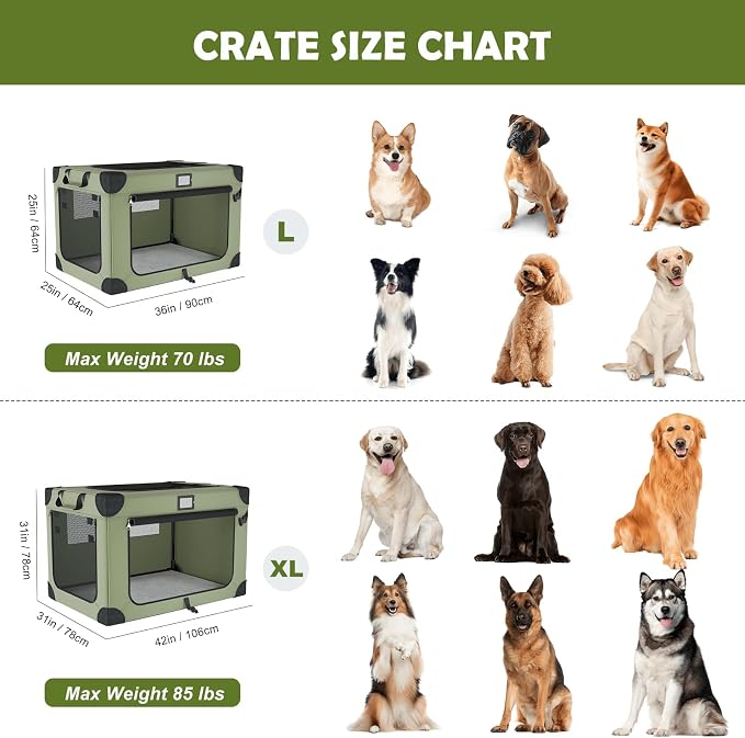 36 Inch Soft Collapsible Dog Crate Green with Waterproof and Easy to Clean | Chew-Proof Mesh Window,Sturdy Frame,Soft Blanket and Foldable Bowl,Waterproof,Portable for Camping,Signature Card,Storage Bag