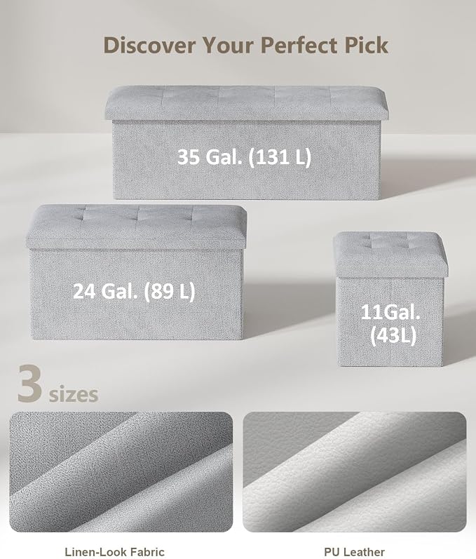 Folding Storage Ottoman Bench, Light Gray, 15 Inches | Multi-Functional Ottoman Foot Rest, End of Bed Bench, Storage Chest, Living Room, Bedroom, Hallway, Entryway, 300 lb Capacity