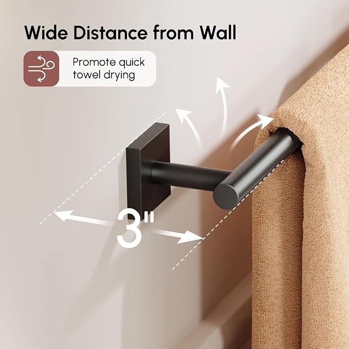 Matte Black Towel Bar, 24 Inch Towel Racks for Bathroom | Thicken 304 Stainless Steel Towel Holder with Square Base, Towel Rod Wall Mounted, Modern Home Decor (Total Length 26 Inch)