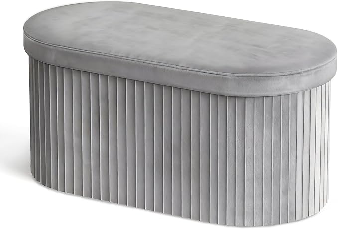 GLAXYFUR Folding Ottoman with Storage, Oval Velvet Storage Bench, Grey | Upholstered Foot Rest, 30 x 15 x 15 Inches Storage Chest for Bedroom, Living Room & Entryway