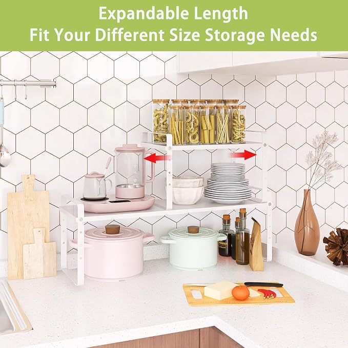 Across-Star Expandable Cabinet Shelf Organizer Rack, Stackable Kitchen Counter Storage Shelves Stand, Adjustable Height Pantry Shelf Spice Rack