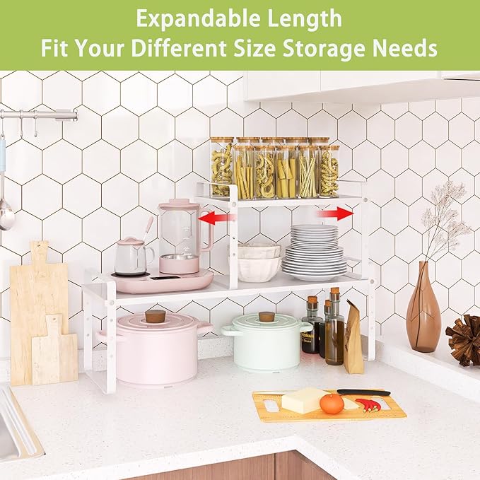 Across-Star Expandable Cabinet Shelf Organizer Rack, Stackable Kitchen Counter Storage Shelves Stand, Adjustable Height Pantry Shelf Spice Rack (White, 2 Pack)