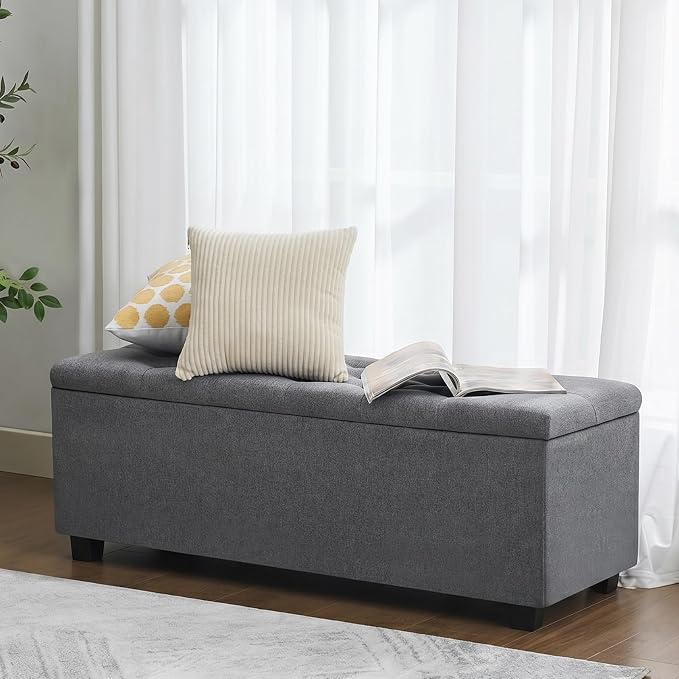 43" Ottoman with Storage and Sturdy Metal Frame, Tufted Upholstered Storage Bench, Modern Footboard Hideaway Chest with Removable Lid and Footrest for Living Room, Entryway (Dark Gray)