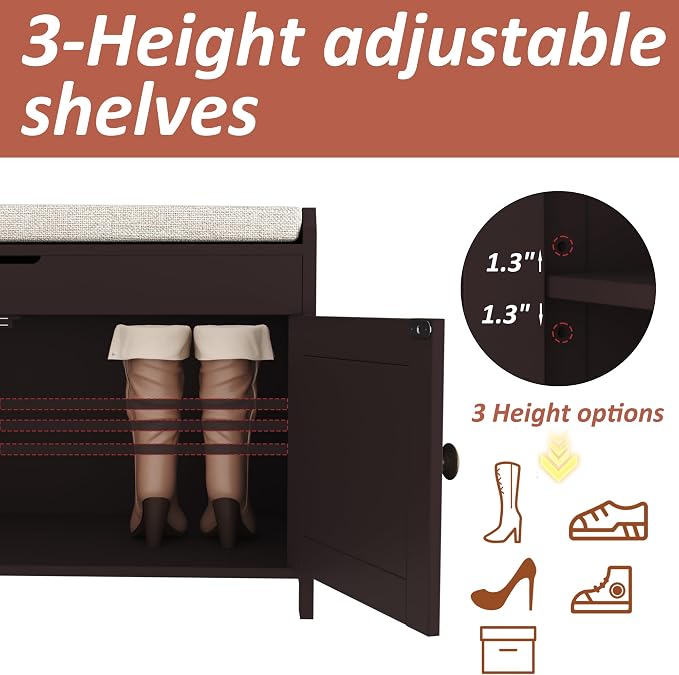 HOMEFORT 54.4" Shoe Bench with Lift Top Storage, Entryway Bench with Cushioned Seat, Wooden End of Bed Bench, Shoe Cabinet Bench with Hidden Storage Space, for Bedroom, Hallway,Espresso