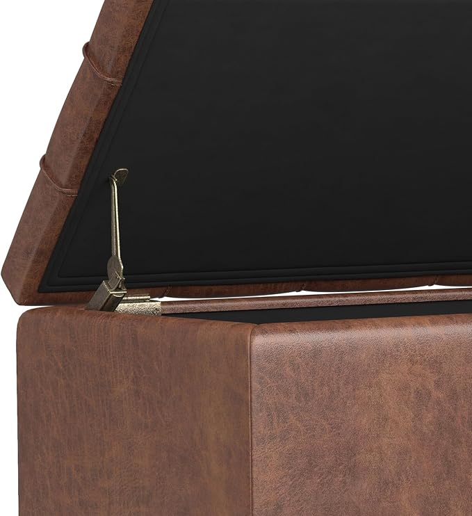 SIMPLIHOME Sienna 33" Wide Vegan Leather Storage Ottoman in Midnight Black | Distressed saddle brown, transitional ottoman with tufting and lift-up lid; rectangle storage bench for living room.