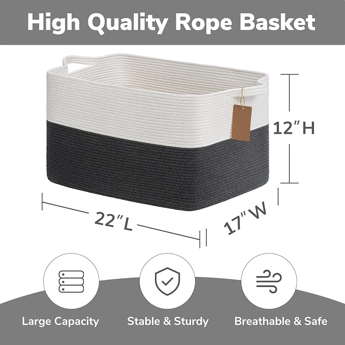 Goodpick Extra Large Rectangle Woven Storage Basket, Dark Gray | 75L, 22 × 17 × 12 in, Reinforced Handles, Blankets, Toys & Clothes Storage, Living Room, Bedroom & Nursery Organization