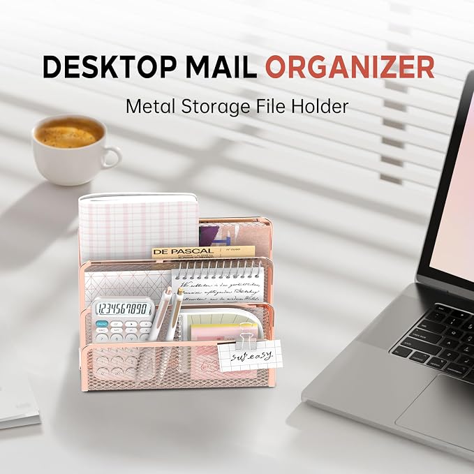 Mail Organizer Countertop for Desk, Mail File Holder with 3-Slot, Rose Gold | Metal Mesh Mail Sorter for Letters, Envelopes, Bills, and Files for Home Offices, Classroom Organization