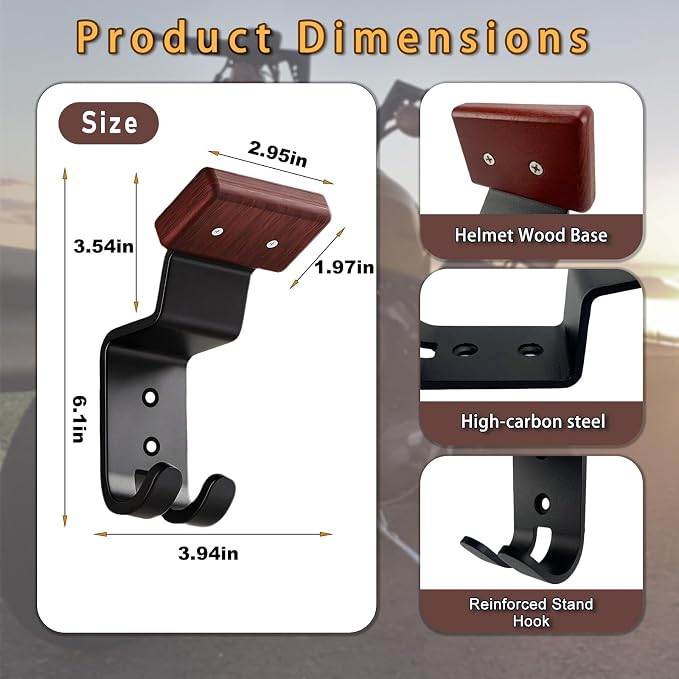 Motorcycle Helmet Holder Wall Mount - Heavy Duty Helmet Hanger Rack with 2 Key Hooks, Solid Wood & Strong Steel Design for Bike, Football, Skiing Sports Gear, Jackets & Hats (6)