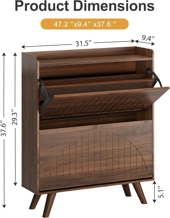 Decofy 37.6” Shoe Cabinet with 2 flip-Down Drawers, 3 Adjustable Levels, Suitable for Entryway, Hallway, Living Room (Walnut) | 31.5''W; 2 Flip-Down Shoe Storage Drawers; 3 Adjustable Shelves; Narrow Entryway Design; For Hallway & Living Room
