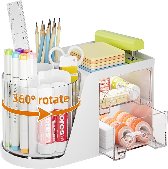 Marbrasse Desk Organizer with 2 Drawer, 360°Rotating Pen Holder, Desk Organizers and Accessories with 6 Slots Pencil Organizer + 2 Drawer, Art Supply Storage Box Caddy for Office (White)