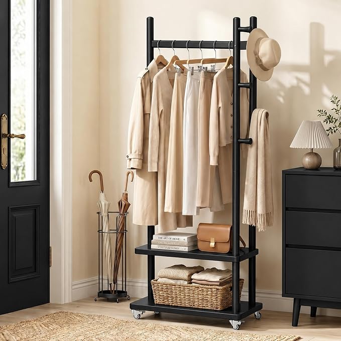 Taitiy Coat Rack Solid Wood Stand Storage 2 Shelves 4 Hooks Black | Entryway hallway bedroom office, durable wood construction, freestanding design, coats hats bags storage