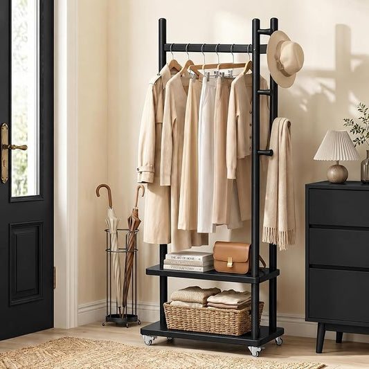 Taitiy Coat Rack Solid Wood Stand Storage 2 Shelves 4 Hooks Black | Entryway hallway bedroom office, durable wood construction, freestanding design, coats hats bags storage