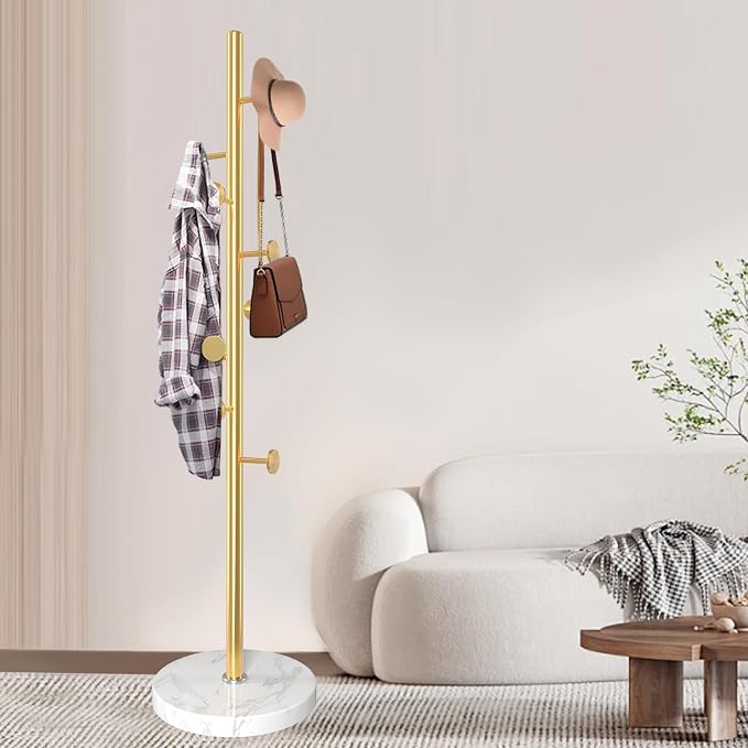 Coat Rack Stand,Golden Metal Coat Rack Freestanding with 8 Hooks | Modern Coat Rack with Natural Marble Base,Coat Hanger Stand, 3 Adjustable Coat Clothes Tree Stand for Office
